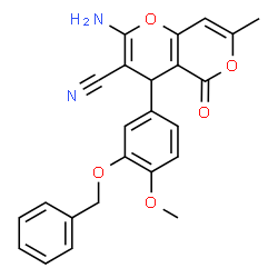 ChemSpider 2D Image | 2-Amino-4-[3-(benzyloxy)-4-methoxyphenyl]-7-methyl-5-oxo-4H,5H-pyrano[4,3-b]pyran-3-carbonitrile | C24H20N2O5