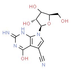 ChemSpider 2D Image | 1H-pyrrolo[2,3-d]pyrimidine-5-carbonitrile, 2,7-dihydro-4-hydroxy-2-imino-7-[(3xi)-beta-D-erythro-pentofuranosyl]- | C12H13N5O5
