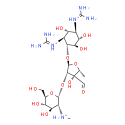 ChemSpider 2D Image | (1R,2S,3R,4R,5S,6R)-2,4-Bis(carbamimidoylammonio)-3,5,6-trihydroxycyclohexyl 5-deoxy-2-O-[2-deoxy-2-(methylammonio)-alpha-D-glucopyranosyl]-3-C-formyl-alpha-D-lyxofuranoside | C21H42N7O12