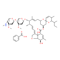 ChemSpider 2D Image | (1'R,4'S,10'E,12'S,13'S,14'E,16'E,21'R)-6-sec-Butyl-21',24'-dihydroxy-5,11',13',22'-tetramethyl-2'-oxo-5,6-dihydrospiro[pyran-2,6'-[3,7,19]trioxatetracyclo[15.6.1.1~4,8~.0~20,24~]pentacosa[10,14,16,22]tetraen]-12'-yl 2,6-dideoxy-3-O-methyl-4-O-[2,4,6-trideoxy-3-O-methyl-4-(methylamino)-L-lyxo-hexopyranosyl]-L-threo-hexopyranoside benzoate (salt) | C56H81NO15