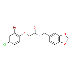 ChemSpider 2D Image | N-(1,3-Benzodioxol-5-ylmethyl)-2-(2-bromo-4-chlorophenoxy)acetamide | C16H13BrClNO4