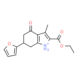 ChemSpider 2D Image | 2-(Ethoxycarbonyl)-6-(2-furyl)-3-methyl-4-oxo-4,5,6,7-tetrahydro-1H-indolium | C16H18NO4