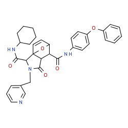 ChemSpider 2D Image | N~2~-Cyclohexyl-4-oxo-N~6~-(4-phenoxyphenyl)-3-(3-pyridinylmethyl)-10-oxa-3-azatricyclo[5.2.1.0~1,5~]dec-8-ene-2,6-dicarboxamide | C34H34N4O5
