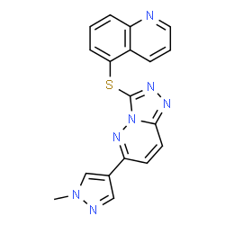 ChemSpider 2D Image | 5-{[6-(1-methyl-1H-pyrazol-4-yl)[1,2,4]triazolo[4,3-b]pyridazin-3-yl]sulfanyl}quinoline | C18H13N7S
