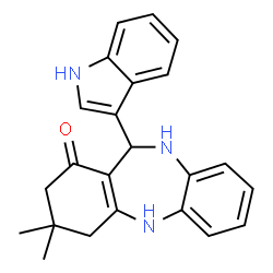 ChemSpider 2D Image | 11-(1H-Indol-3-yl)-3,3-dimethyl-2,3,4,5,10,11-hexahydro-1H-dibenzo[b,e][1,4]diazepin-1-one | C23H23N3O