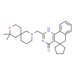 ChemSpider 2D Image | 2-[(8,8-Dimethyl-9-oxa-2-azaspiro[5.5]undec-2-yl)methyl]-1H-spiro[benzo[h]quinazoline-5,1'-cyclopentan]-4(6H)-one | C28H37N3O2