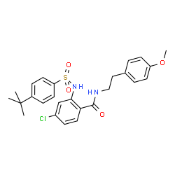 ChemSpider 2D Image | 4-Chloro-N-[2-(4-methoxyphenyl)ethyl]-2-({[4-(2-methyl-2-propanyl)phenyl]sulfonyl}amino)benzamide | C26H29ClN2O4S