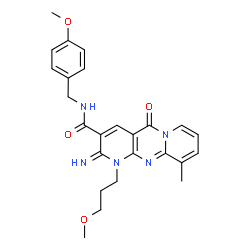 ChemSpider 2D Image | 2-Imino-N-(4-methoxybenzyl)-1-(3-methoxypropyl)-10-methyl-5-oxo-1,5-dihydro-2H-dipyrido[1,2-a:2',3'-d]pyrimidine-3-carboxamide | C25H27N5O4