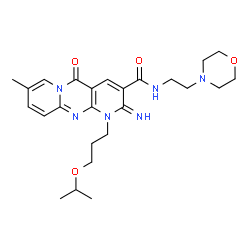 ChemSpider 2D Image | 2-Imino-1-(3-isopropoxypropyl)-8-methyl-N-[2-(4-morpholinyl)ethyl]-5-oxo-1,5-dihydro-2H-dipyrido[1,2-a:2',3'-d]pyrimidine-3-carboxamide | C25H34N6O4