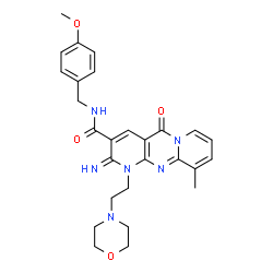 ChemSpider 2D Image | 2-Imino-N-(4-methoxybenzyl)-10-methyl-1-[2-(4-morpholinyl)ethyl]-5-oxo-1,5-dihydro-2H-dipyrido[1,2-a:2',3'-d]pyrimidine-3-carboxamide | C27H30N6O4