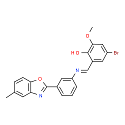 ChemSpider 2D Image | 4-Bromo-2-methoxy-6-[(E)-{[3-(5-methyl-1,3-benzoxazol-2-yl)phenyl]imino}methyl]phenol | C22H17BrN2O3