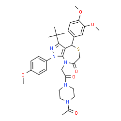 ChemSpider 2D Image | 8-[2-(4-Acetyl-1-piperazinyl)-2-oxoethyl]-4-(3,4-dimethoxyphenyl)-1-(4-methoxyphenyl)-3-(2-methyl-2-propanyl)-4,8-dihydro-1H-pyrazolo[3,4-e][1,4]thiazepin-7(6H)-one | C33H41N5O6S