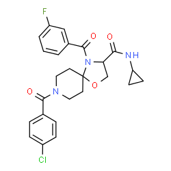 ChemSpider 2D Image | 8-(4-Chlorobenzoyl)-N-cyclopropyl-4-(3-fluorobenzoyl)-1-oxa-4,8-diazaspiro[4.5]decane-3-carboxamide | C25H25ClFN3O4