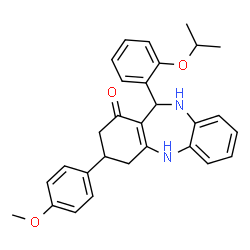 ChemSpider 2D Image | 11-(2-Isopropoxyphenyl)-3-(4-methoxyphenyl)-2,3,4,5,10,11-hexahydro-1H-dibenzo[b,e][1,4]diazepin-1-one | C29H30N2O3