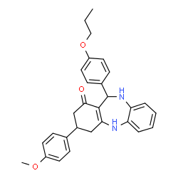 ChemSpider 2D Image | 3-(4-Methoxyphenyl)-11-(4-propoxyphenyl)-2,3,4,5,10,11-hexahydro-1H-dibenzo[b,e][1,4]diazepin-1-one | C29H30N2O3