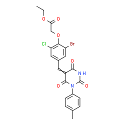 ChemSpider 2D Image | Ethyl (2-bromo-6-chloro-4-{[1-(4-methylphenyl)-2,4,6-trioxotetrahydro-5(2H)-pyrimidinylidene]methyl}phenoxy)acetate | C22H18BrClN2O6