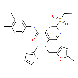 ChemSpider 2D Image | N-(3,4-Dimethylphenyl)-2-(ethylsulfonyl)-5-{(2-furylmethyl)[(5-methyl-2-furyl)methyl]amino}-4-pyrimidinecarboxamide | C26H28N4O5S