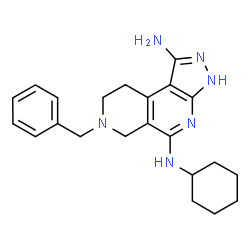 ChemSpider 2D Image | 7-Benzyl-N~5~-cyclohexyl-6,7,8,9-tetrahydro-3H-pyrazolo[3,4-c][2,7]naphthyridine-1,5-diamine | C22H28N6
