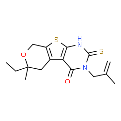 ChemSpider 2D Image | 6-ethyl-6-methyl-3-(2-methyl-2-propenyl)-2-thioxo-1,2,3,5,6,8-hexahydro-4H-pyrano[4',3':4,5]thieno[2,3-d]pyrimidin-4-one | C16H20N2O2S2