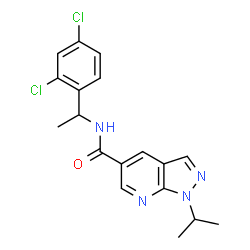 ChemSpider 2D Image | N-[1-(2,4-Dichlorophenyl)ethyl]-1-isopropyl-1H-pyrazolo[3,4-b]pyridine-5-carboxamide | C18H18Cl2N4O