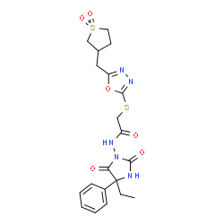 ChemSpider 2D Image | 2-({5-[(1,1-Dioxidotetrahydro-3-thiophenyl)methyl]-1,3,4-oxadiazol-2-yl}sulfanyl)-N-(4-ethyl-2,5-dioxo-4-phenyl-1-imidazolidinyl)acetamide | C20H23N5O6S2