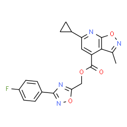 ChemSpider 2D Image | [3-(4-Fluorophenyl)-1,2,4-oxadiazol-5-yl]methyl 6-cyclopropyl-3-methyl[1,2]oxazolo[5,4-b]pyridine-4-carboxylate | C20H15FN4O4