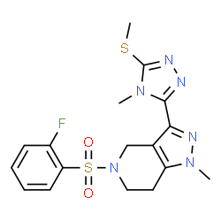 ChemSpider 2D Image | 5-[(2-Fluorophenyl)sulfonyl]-1-methyl-3-[4-methyl-5-(methylsulfanyl)-4H-1,2,4-triazol-3-yl]-4,5,6,7-tetrahydro-1H-pyrazolo[4,3-c]pyridine | C17H19FN6O2S2
