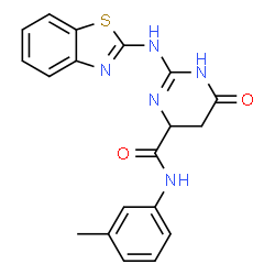 ChemSpider 2D Image | 2-(1,3-Benzothiazol-2-ylamino)-N-(3-methylphenyl)-6-oxo-1,4,5,6-tetrahydro-4-pyrimidinecarboxamide | C19H17N5O2S