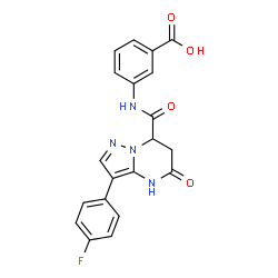 ChemSpider 2D Image | 3-({[3-(4-Fluorophenyl)-5-oxo-4,5,6,7-tetrahydropyrazolo[1,5-a]pyrimidin-7-yl]carbonyl}amino)benzoic acid | C20H15FN4O4