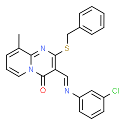 ChemSpider 2D Image | 2-(Benzylsulfanyl)-3-{(E)-[(3-chlorophenyl)imino]methyl}-9-methyl-4H-pyrido[1,2-a]pyrimidin-4-one | C23H18ClN3OS
