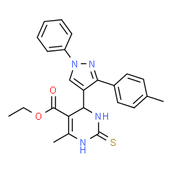 ChemSpider 2D Image | Ethyl 6-methyl-4-[3-(4-methylphenyl)-1-phenyl-1H-pyrazol-4-yl]-2-thioxo-1,2,3,4-tetrahydro-5-pyrimidinecarboxylate | C24H24N4O2S