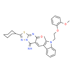 ChemSpider 2D Image | (6Z)-2-Cyclohexyl-5-imino-6-({1-[2-(2-methoxyphenoxy)ethyl]-2-methyl-1H-indol-3-yl}methylene)-5,6-dihydro-7H-[1,3,4]thiadiazolo[3,2-a]pyrimidin-7-one | C30H31N5O3S