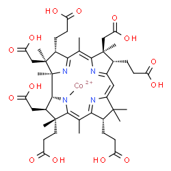 ChemSpider 2D Image | [(1R,2R,3R,4Z,7S,9Z,12S,13S,14Z,17S,18S,19R)-3,7,12,17-tetrakis(2-carboxyethyl)-2,13,18-tris(carboxymethyl)-3,5,8,8,13,15,18,19-octamethyl-2,7,12,17-tetrahydro-1H-corrin-21-yl]cobalt(2+) | C45H59CoN4O14