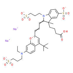 ChemSpider 2D Image | Disodium (2E)-3-(3-carboxypropyl)-2-[(2E)-3-{7-[ethyl(3-sulfonatopropyl)amino]-4-(2-methyl-2-propanyl)-2-chromeniumyl}-2-propen-1-ylidene]-3-methyl-1-(3-sulfonatopropyl)-5-indolinesulfonate | C37H46N2Na2O12S3
