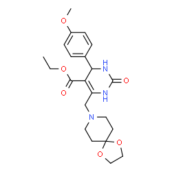 ChemSpider 2D Image | Ethyl 6-(1,4-dioxa-8-azaspiro[4.5]dec-8-ylmethyl)-4-(4-methoxyphenyl)-2-oxo-1,2,3,4-tetrahydro-5-pyrimidinecarboxylate | C22H29N3O6