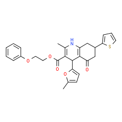 ChemSpider 2D Image | 2-Phenoxyethyl 2-methyl-4-(5-methyl-2-furyl)-5-oxo-7-(2-thienyl)-1,4,5,6,7,8-hexahydro-3-quinolinecarboxylate | C28H27NO5S