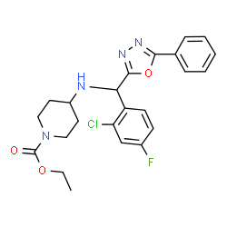 ChemSpider 2D Image | Ethyl 4-{[(2-chloro-4-fluorophenyl)(5-phenyl-1,3,4-oxadiazol-2-yl)methyl]amino}-1-piperidinecarboxylate | C23H24ClFN4O3