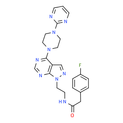 ChemSpider 2D Image | 2-(4-Fluorophenyl)-N-(2-{4-[4-(2-pyrimidinyl)-1-piperazinyl]-1H-pyrazolo[3,4-d]pyrimidin-1-yl}ethyl)acetamide | C23H24FN9O