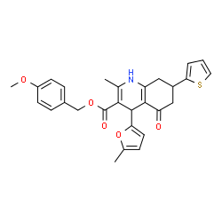ChemSpider 2D Image | 4-Methoxybenzyl 2-methyl-4-(5-methyl-2-furyl)-5-oxo-7-(2-thienyl)-1,4,5,6,7,8-hexahydro-3-quinolinecarboxylate | C28H27NO5S