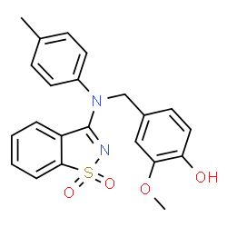 ChemSpider 2D Image | 4-{[(1,1-Dioxido-1,2-benzothiazol-3-yl)(4-methylphenyl)amino]methyl}-2-methoxyphenol | C22H20N2O4S