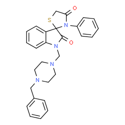 ChemSpider 2D Image | 1-[(4-Benzyl-1-piperazinyl)methyl]-3'-phenyl-4'H-spiro[indole-3,2'-[1,3]thiazolidine]-2,4'(1H)-dione | C28H28N4O2S