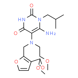 ChemSpider 2D Image | Methyl 2-{[(6-amino-1-isobutyl-2,4-dioxo-1,2,3,4-tetrahydro-5-pyrimidinyl)(2-methoxyethyl)amino]methyl}-3-furoate | C18H26N4O6