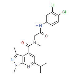 ChemSpider 2D Image | N-{2-[(3,4-Dichlorophenyl)amino]-2-oxoethyl}-6-isopropyl-N,1,3-trimethyl-1H-pyrazolo[3,4-b]pyridine-4-carboxamide | C21H23Cl2N5O2