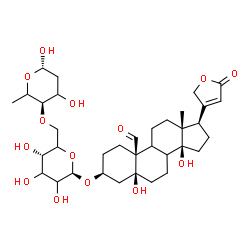 ChemSpider 2D Image | (3S,5S,10S,13R,14S,17R)-3-{[(2R,5S)-6-({[(3R,6S)-4,6-Dihydroxy-2-methyltetrahydro-2H-pyran-3-yl]oxy}methyl)-3,4,5-trihydroxytetrahydro-2H-pyran-2-yl]oxy}-5,14-dihydroxy-13-methyl-17-(5-oxo-2,5-dihydro
-3-furanyl)hexadecahydro-10H-cyclopenta[a]phenanthrene-10-carbaldehyde | C35H52O14