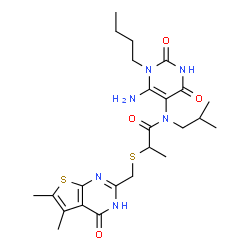 ChemSpider 2D Image | N-(6-Amino-1-butyl-2,4-dioxo-1,2,3,4-tetrahydro-5-pyrimidinyl)-2-{[(5,6-dimethyl-4-oxo-1,4-dihydrothieno[2,3-d]pyrimidin-2-yl)methyl]sulfanyl}-N-isobutylpropanamide | C24H34N6O4S2