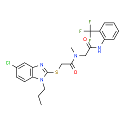 ChemSpider 2D Image | N~2~-{[(5-Chloro-1-propyl-1H-benzimidazol-2-yl)sulfanyl]acetyl}-N~2~-methyl-N-[2-(trifluoromethyl)phenyl]glycinamide | C22H22ClF3N4O2S