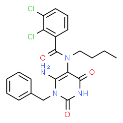 ChemSpider 2D Image | N-(6-Amino-1-benzyl-2,4-dioxo-1,2,3,4-tetrahydro-5-pyrimidinyl)-N-butyl-2,3-dichlorobenzamide | C22H22Cl2N4O3
