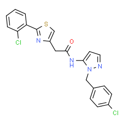 ChemSpider 2D Image | N-[1-(4-Chlorobenzyl)-1H-pyrazol-5-yl]-2-[2-(2-chlorophenyl)-1,3-thiazol-4-yl]acetamide | C21H16Cl2N4OS