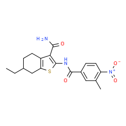 ChemSpider 2D Image | 6-Ethyl-2-[(3-methyl-4-nitrobenzoyl)amino]-4,5,6,7-tetrahydro-1-benzothiophene-3-carboxamide | C19H21N3O4S