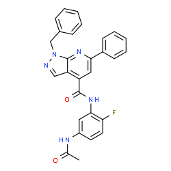 ChemSpider 2D Image | N-(5-Acetamido-2-fluorophenyl)-1-benzyl-6-phenyl-1H-pyrazolo[3,4-b]pyridine-4-carboxamide | C28H22FN5O2